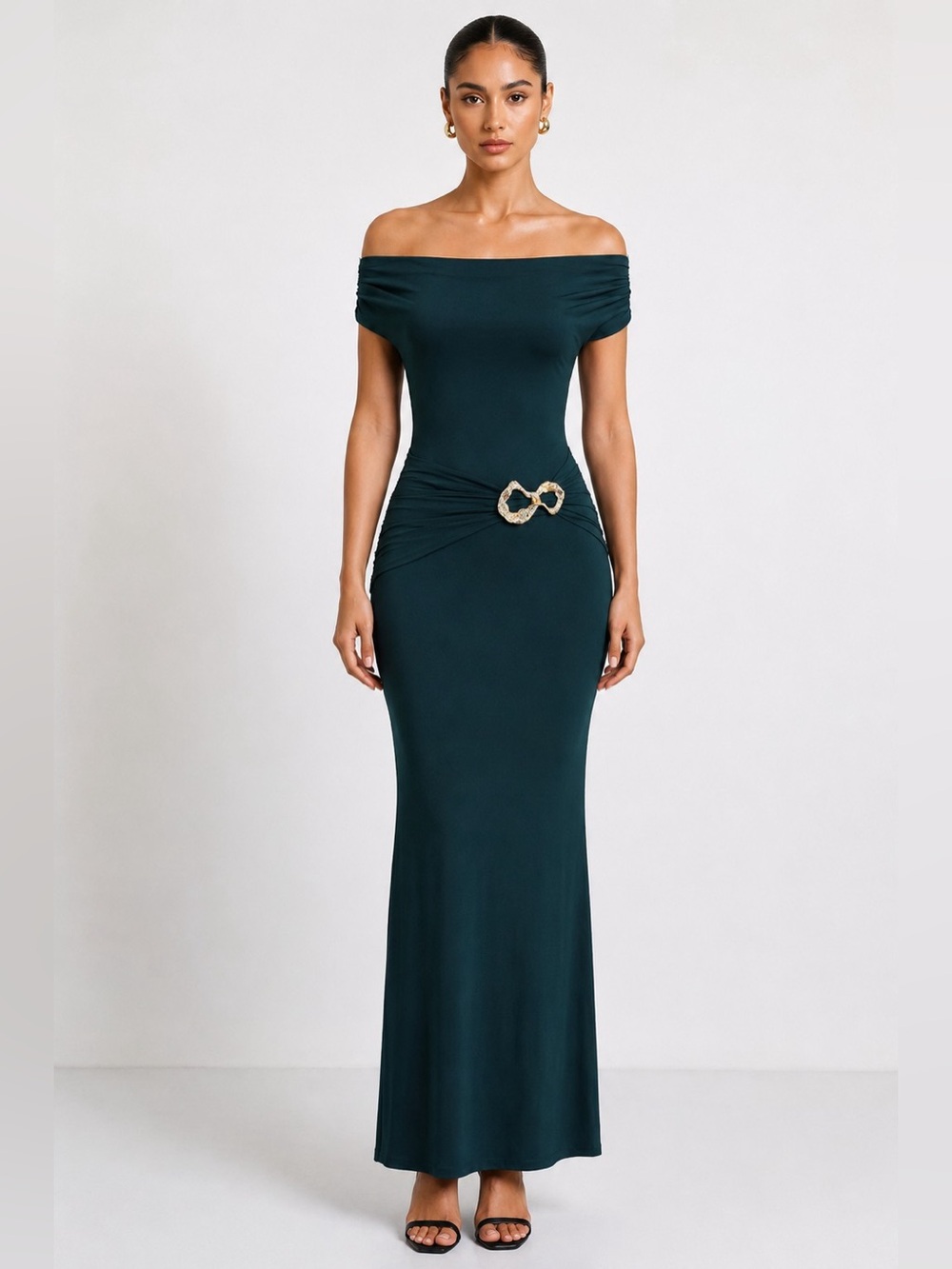 Off-Shoulder Emerald Green Evening Gown